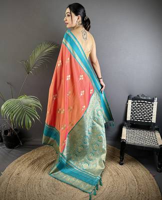 peach soft silk blend woven dual zari work banarasi saree 3