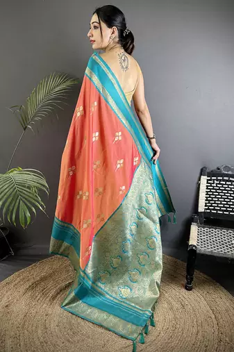 peach soft silk blend woven dual zari work banarasi saree