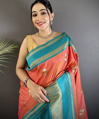 peach soft silk blend woven dual zari work banarasi saree 4
