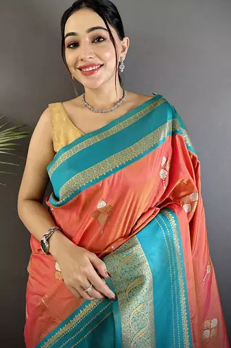 peach soft silk blend woven dual zari work banarasi saree