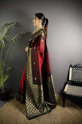 red silk blend ikkat gold zari weaving handloom saree