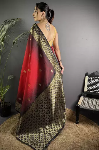 red silk blend ikkat gold zari weaving handloom saree
