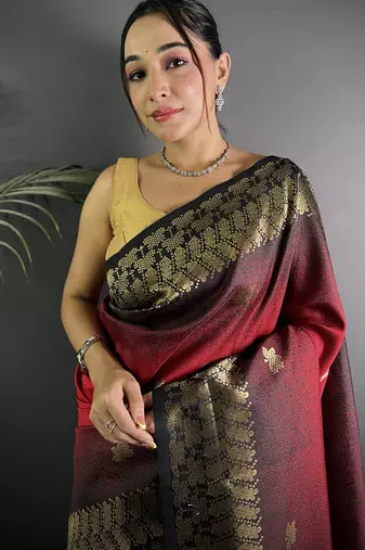 red silk blend ikkat gold zari weaving handloom saree