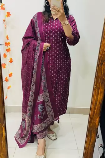 Floral printed purple round neck cotton kurta set with trouser & dupatta