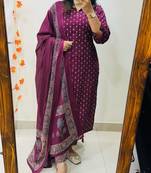 Floral printed purple round neck cotton kurta set with trouser & dupatta