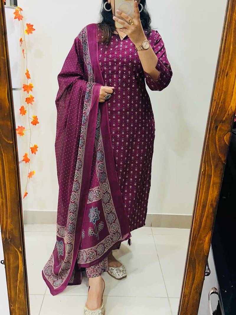 Floral printed purple round neck cotton kurta set with trouser & dupatta