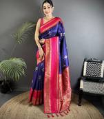 voilet soft silk blend woven dual zari work banarasi saree