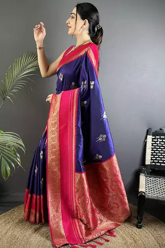 voilet soft silk blend woven dual zari work banarasi saree