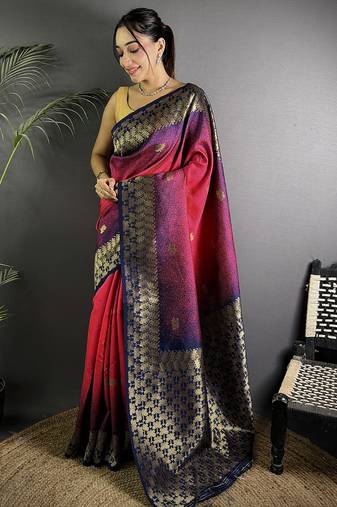 red silk blend ikkat gold zari weaving handloom saree