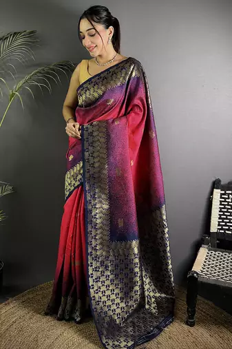 red silk blend ikkat gold zari weaving handloom saree