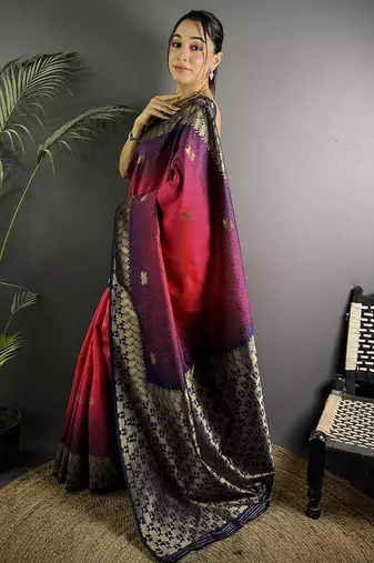 red silk blend ikkat gold zari weaving handloom saree