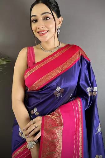 voilet soft silk blend woven dual zari work banarasi saree