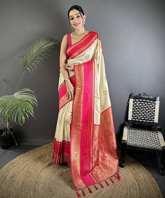 cream soft silk blend woven dual zari work banarasi saree 1