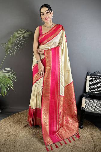 cream soft silk blend woven dual zari work banarasi saree