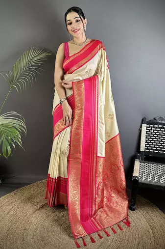 cream soft silk blend woven dual zari work banarasi saree