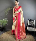cream soft silk blend woven dual zari work banarasi saree