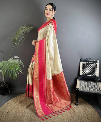 cream soft silk blend woven dual zari work banarasi saree 2