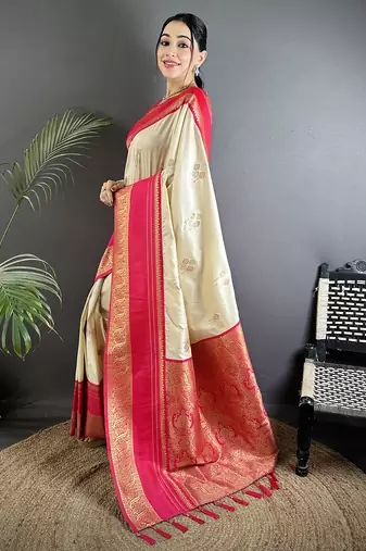 cream soft silk blend woven dual zari work banarasi saree