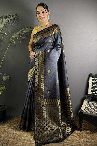 grey silk blend ikkat gold zari weaving handloom saree