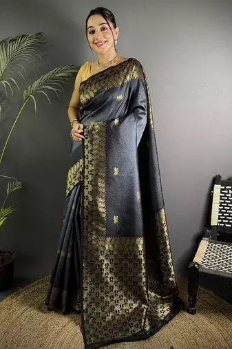 grey silk blend ikkat gold zari weaving handloom saree