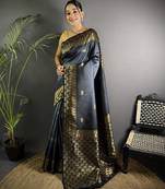grey silk blend ikkat gold zari weaving handloom saree