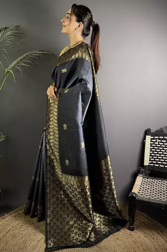 grey silk blend ikkat gold zari weaving handloom saree
