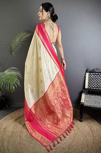 cream soft silk blend woven dual zari work banarasi saree