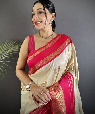 cream soft silk blend woven dual zari work banarasi saree 4