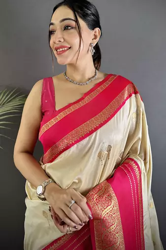 cream soft silk blend woven dual zari work banarasi saree