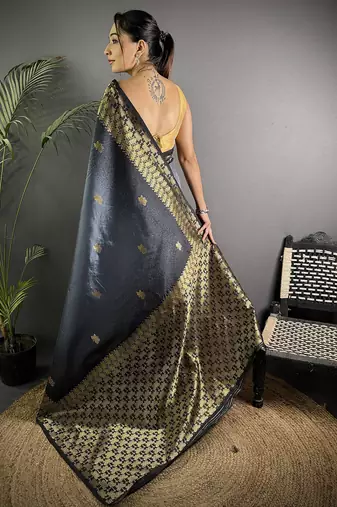 grey silk blend ikkat gold zari weaving handloom saree