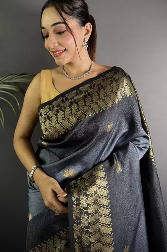 grey silk blend ikkat gold zari weaving handloom saree