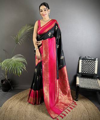 black soft silk blend woven dual zari work banarasi saree 1