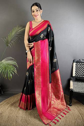 black soft silk blend woven dual zari work banarasi saree