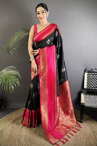 black soft silk blend woven dual zari work banarasi saree