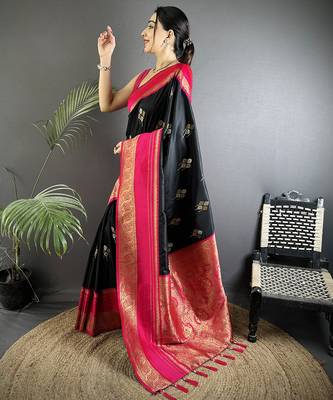 black soft silk blend woven dual zari work banarasi saree 2