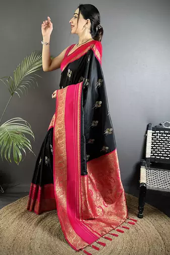 black soft silk blend woven dual zari work banarasi saree