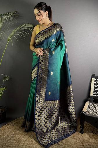 turquoise silk blend ikkat gold zari weaving handloom saree