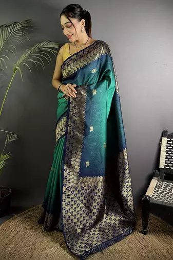 turquoise silk blend ikkat gold zari weaving handloom saree