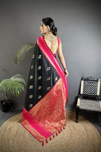 black soft silk blend woven dual zari work banarasi saree