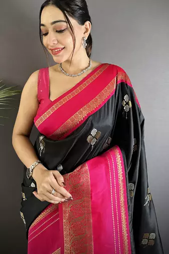 black soft silk blend woven dual zari work banarasi saree