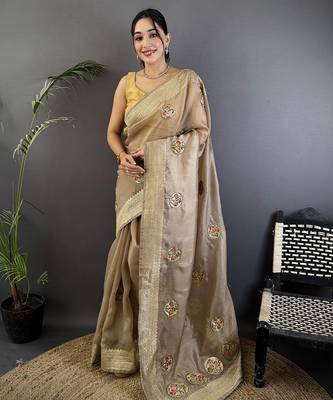 mud brown organza silk blend handloom banarasi saree with heavy khatali butta work 1