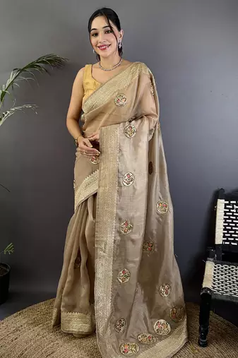 mud brown organza silk blend handloom banarasi saree with heavy khatali butta work