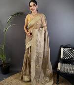 mud brown organza silk blend handloom banarasi saree with heavy khatali butta work