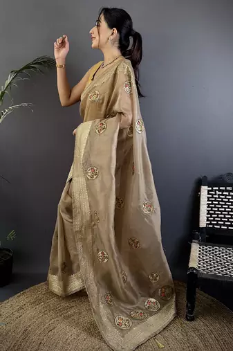 mud brown organza silk blend handloom banarasi saree with heavy khatali butta work