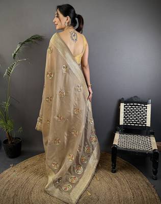 mud brown organza silk blend handloom banarasi saree with heavy khatali butta work 3