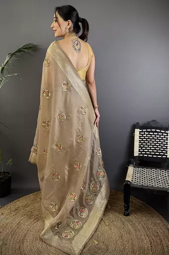 mud brown organza silk blend handloom banarasi saree with heavy khatali butta work