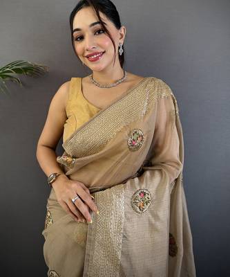 mud brown organza silk blend handloom banarasi saree with heavy khatali butta work 4