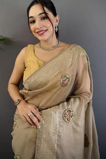 mud brown organza silk blend handloom banarasi saree with heavy khatali butta work