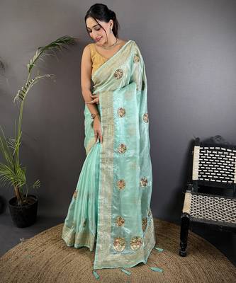 sky blue organza silk blend handloom banarasi saree with heavy khatali butta work 1