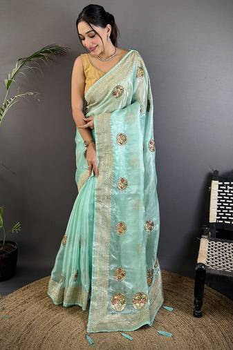 sky blue organza silk blend handloom banarasi saree with heavy khatali butta work